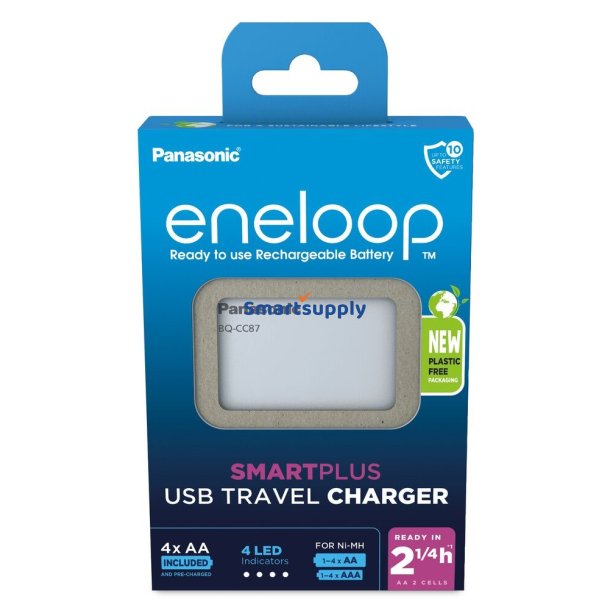 USB Batterioplader Panasonic Eneloop Smartplus Bq-Cc87 + 4X Aa 2000 mAh