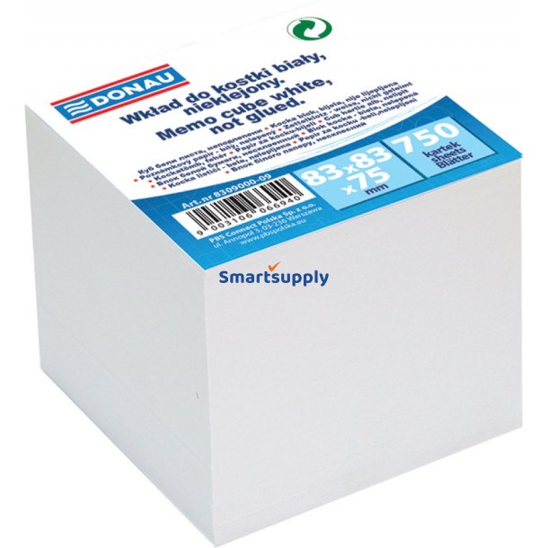 Kubusblok refill hvid 750 ark 83x83x75mm - 6 stk