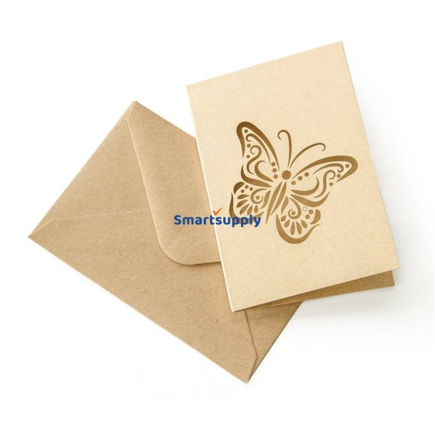 Kuvert + kort s�t 5 stk. med sommerfugl udsk�ring 70mm x 100mm