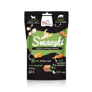 SYTA MICHA Vegetarisk Smaczki med sd kartoffel, gulerod og banan - delikatesse til hunde - 80 g