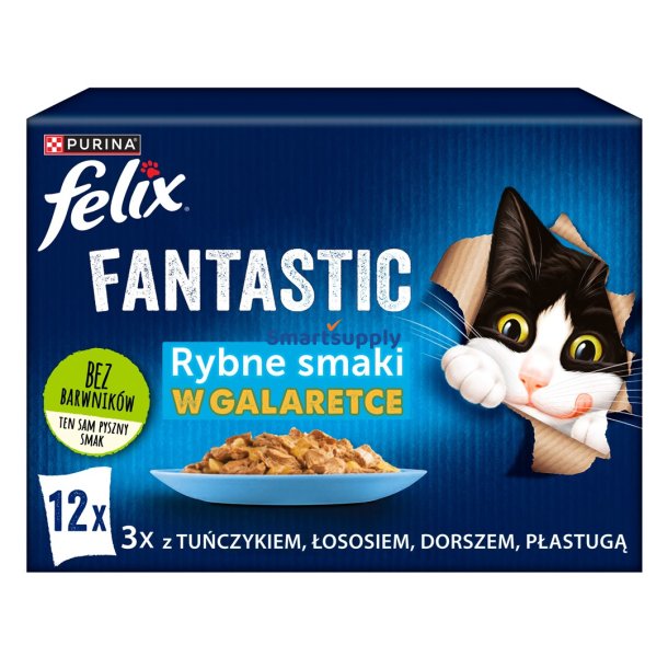 Felix Fantastisk Fiskesmag I Gel&eacute; Med Tun, Laks, Torsk Og Fladfisk - (12X 85 G)