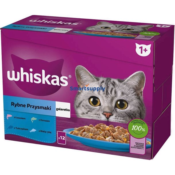Whiskas Gel&eacute;poser, Smag: Hvid Fisk, Torsk, Laks, Tun - Vdfoder Til Katte - 12X85g