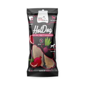 SYTA MICHA Chewy Hot Dog Kanin med granatble i Hjorteskind - hunde delikatesse - 2 stk.