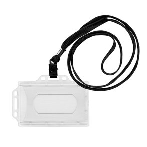 Navneskilte med sort snor transparent 90x56 mm - 50 stk