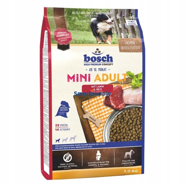Bosch Mini Voksenlam Med Ris - Trfoder Til Hunde - 3 Kg