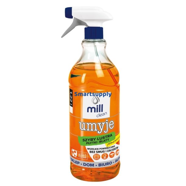 Mill Clean Wash vske til rengring af vinduer, glas, spejle, fliser med orange duft 1,22 L