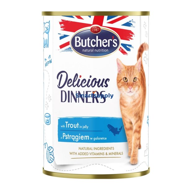 BUTCHER'S Delicious Dinners Pieces med �rred i gel� - v�dt kattefoder - 400g