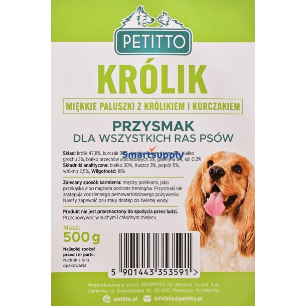 PETITTO Soft rabbit fingers - godbid til hund - 500g