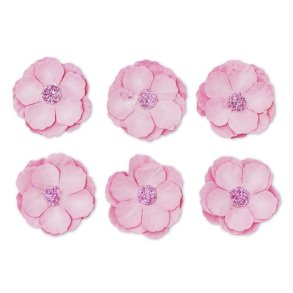 Pink klematis papirblomster m. glitter selvklbende 3cm, 6 stk.