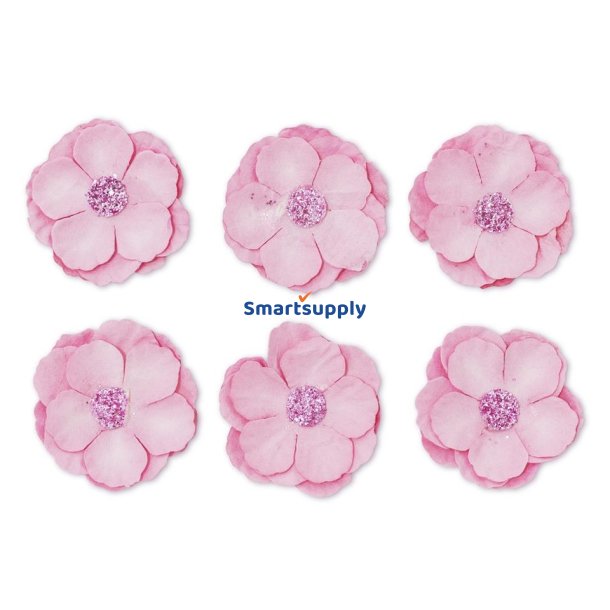 Pink klematis papirblomster m. glitter selvklbende 3cm, 6 stk.