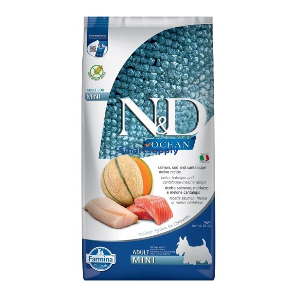 FARMINA N&D Ocean Dog Salmon, Cod, Cantaloupe, Melon Adult Mini  - trfoder til hunde - 7 kg