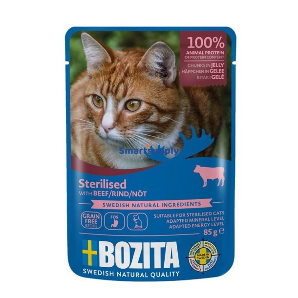 Bozita Steriliserede Oksekdsgel&eacute;stykker - Vdfoder Til Katte - 85G