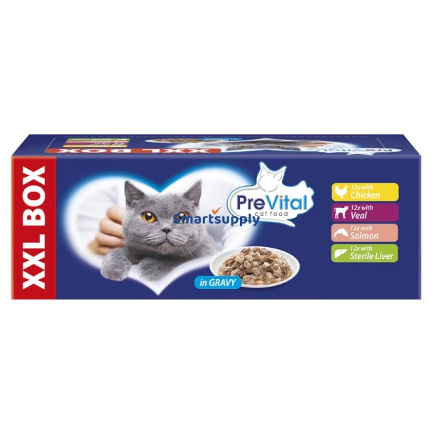 PREVITAL XXL BOX Smagsmix med kylling, kalv, laks og lever i sovs - vdfoder til katte - 48 x 100g