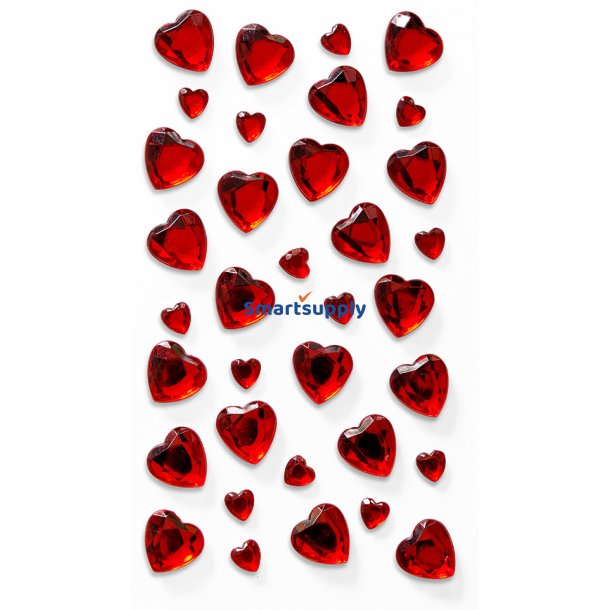 R�de rhinstenshjerter selvkl�bende 35 stk.