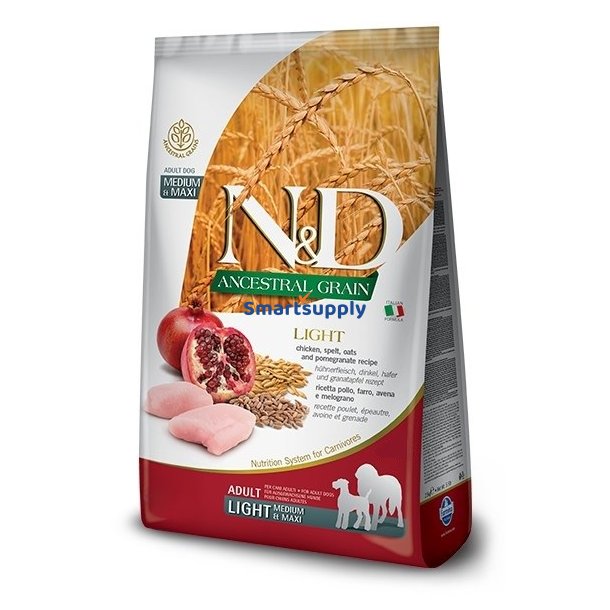 FARMINA N&D ANCESTRAL GRAIN DOG LIGHT - CHICKEN. SPELT.OATS AND POMEGRANATE ADULT MEDIUM & MAXI 12kg