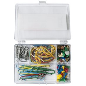 St med clips, tegnestifter, elastikker i plastske - 110 dele
