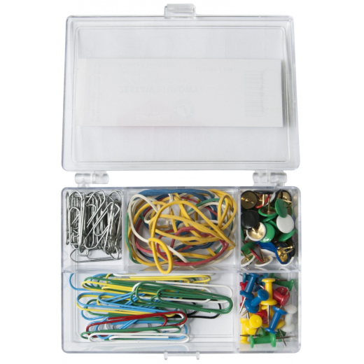 S�t med clips, tegnestifter, elastikker i plast�ske - 110 dele
