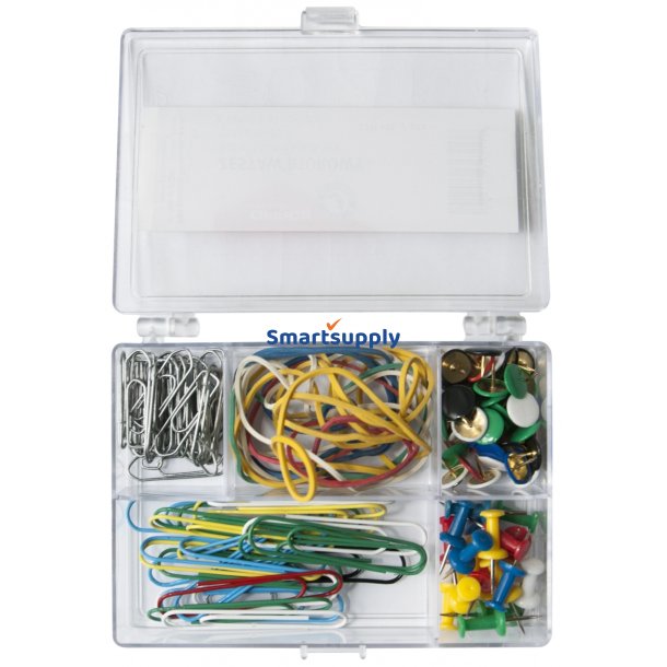 S�t med clips, tegnestifter, elastikker i plast�ske - 110 dele