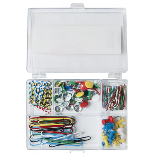 S�t med clips, tegnestifter, elastikker i plast�ske - 135 dele