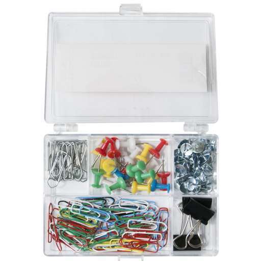 S�t med clips, tegnestifter, elastikker i plast�ske - 153 dele