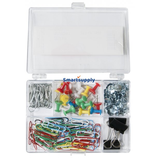 S�t med clips, tegnestifter, elastikker i plast�ske - 153 dele