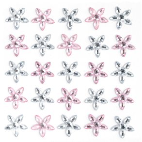 Slv og pinkfarvede rhinsten blomster m. selvklbende bagside 25 stk.