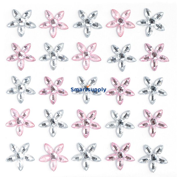 S�lv og pinkfarvede rhinsten blomster m. selvkl�bende bagside 25 stk.