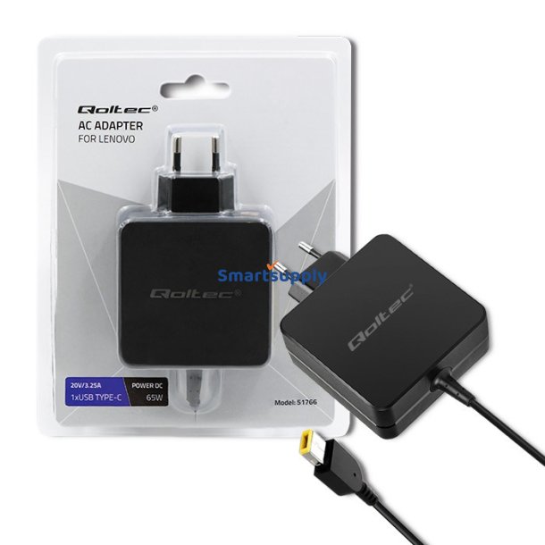 Qoltec 51766 Strmadapter til Lenovo 65W | 20V | 3,25A | Slank spids + stift