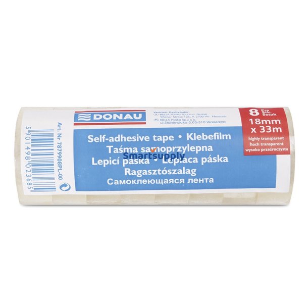 Tape krystalklar m. ophngshul 18 mm x 33 m - 8 ruller