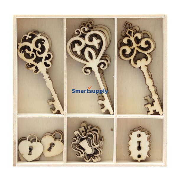 Tr�pynt n�gler og l�se - forskellige designs - 1 �ske &aacute; 30 stk.