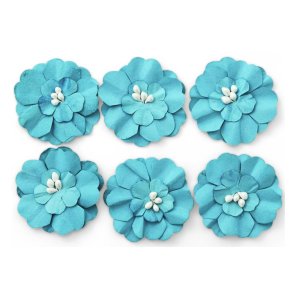 Turkis papirblomster selvklbende 3cm, 6 stk.