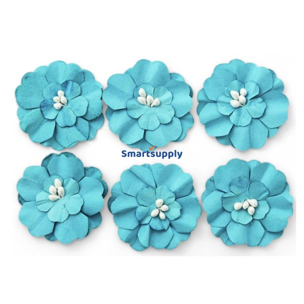 Turkis papirblomster selvklbende 3cm, 6 stk.
