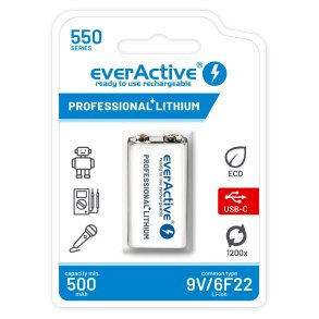Genopladeligt batteri everActive 6F22/9V Li-ion 550 mAh med USB TYPE C
