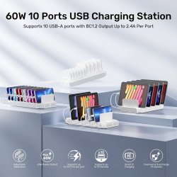 Unitek Ladestation 10X USB 2.4A 60W Hvid