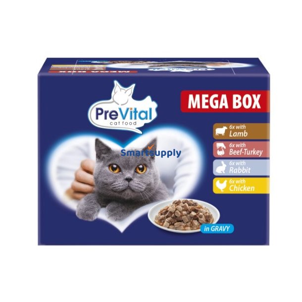 PREVITAL Kattemad Megabox med lam, oksekd, kanin og kylling i sovs - vdfoder til katte - 24 x 100g