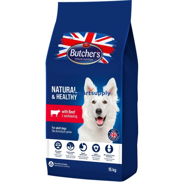 Butcher's Natural &amp; Sund Med Oksekd - Trfoder Til Hunde - 15 Kg