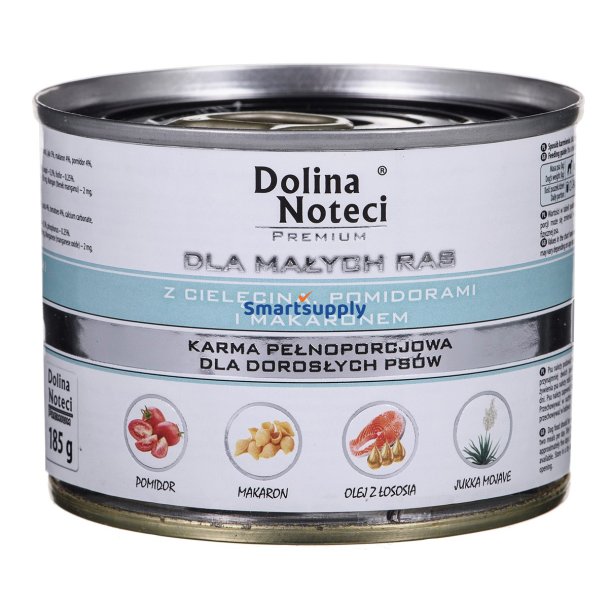 DOLINA NOTECI Premium med kalvekd, tomater og pasta - vdfoder til voksne sm hunderacer - 185g