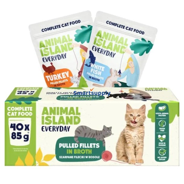 Animal Island Hverdags Kalkun Og Hvide Fiskefileter I Bouillon - Vdfoder Til Katte - 40 X 85G
