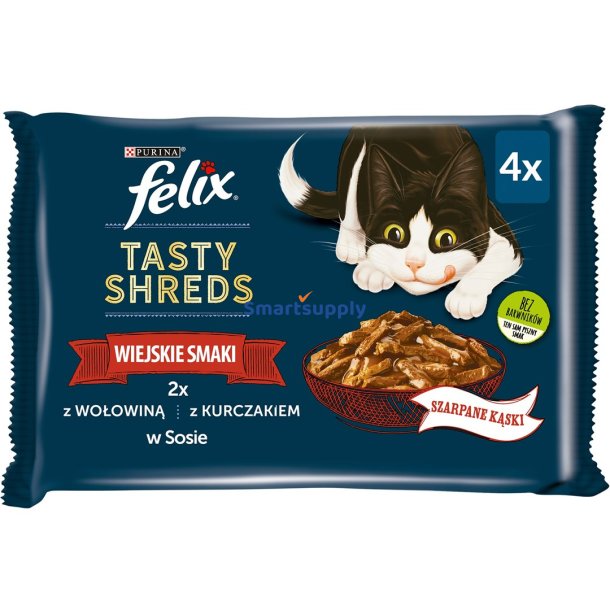 Felix Tasty Shreds Med Oksekd Og Kylling - 4X 80G