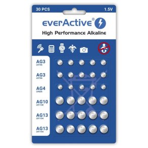 St med 30 stk. everActive mini alkalinebatterier 10 x G3 / LR41, 5 x G4 / LR626, 5 x G10 / LR1130, 10 x G13 / LR1154
