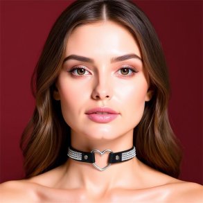 Collar with Heart and Rhinestones Choker Style Vegan Leather One Size