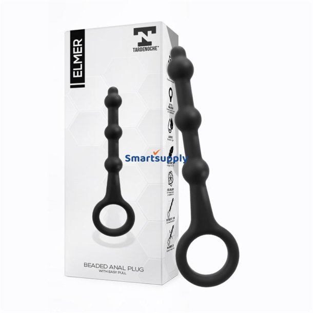 Elmer Beaded Butt Plug with Easy Pull Ring Silicone Black