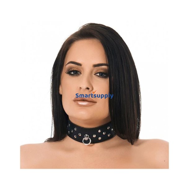 Leather Collar with Ring and Rivets - M/L