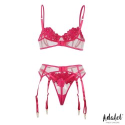 Nora bra, thong, and garter belt Set with Flowers Fuchsia - S/M