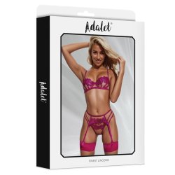 Nora bra, thong, and garter belt Set with Flowers Fuchsia - S/M