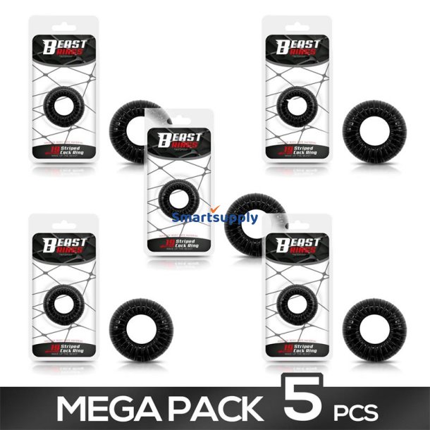 Pack of 5 Cock Ring Super Flexible and Resistant Striped 1.9 cm Black
