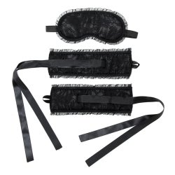 Bondage Satin Look Handcuffs with Mask Black
