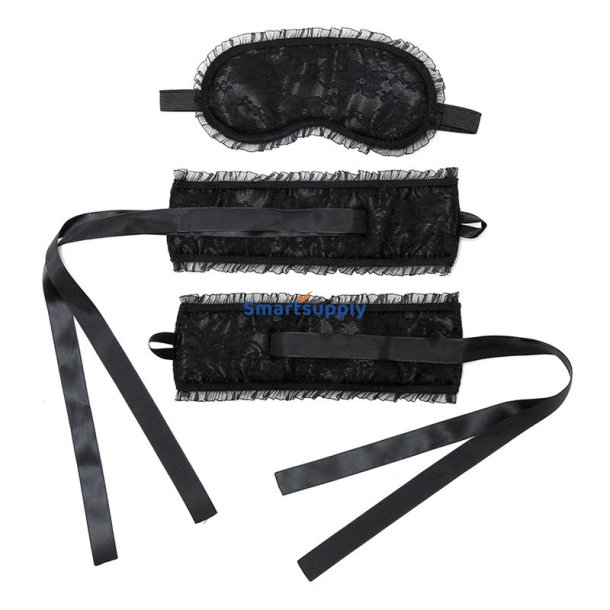 Bondage Satin Look Handcuffs with Mask Black