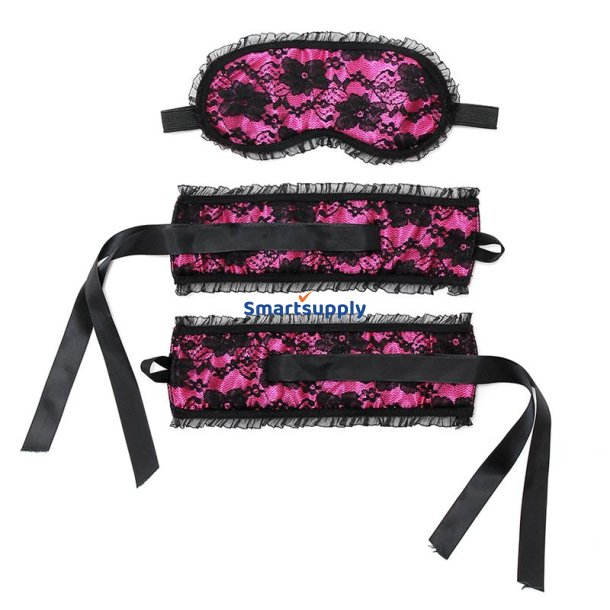 Bondage Satin Look Handcuffs with Mask Pink