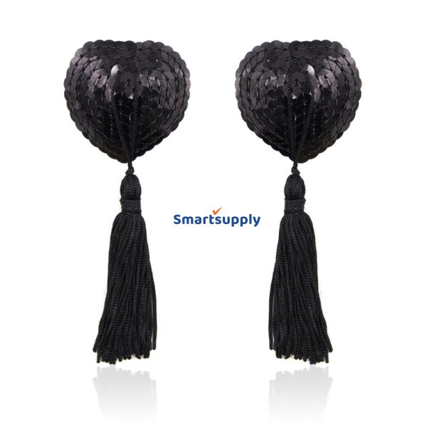 Self-Adhesive Heart Sequin Nipple Cover with Tassel Black